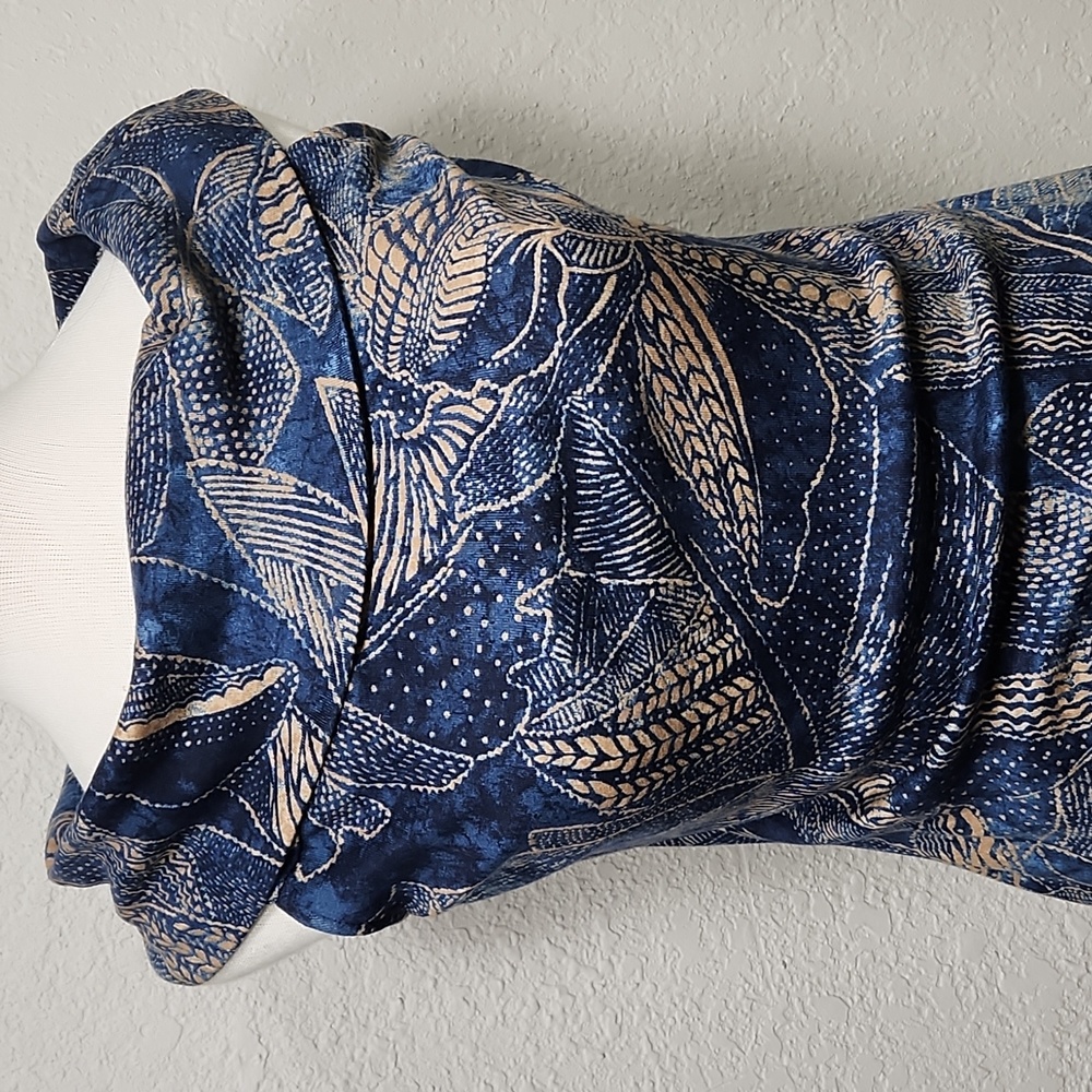 Ralph Lauren Blue w/Tan Floral & Tribal Design Scarf Neck Bodycon Dress Sz. M - Picture 2 of 13